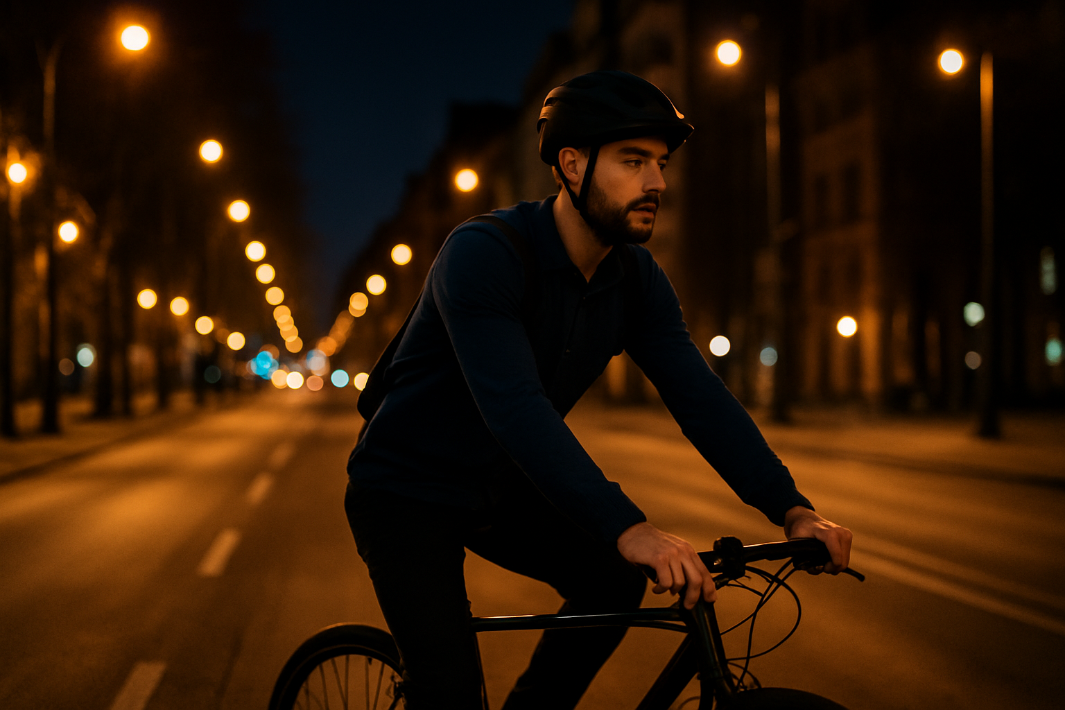 Ciclista pedalando à noite em uma cidade iluminada por postes