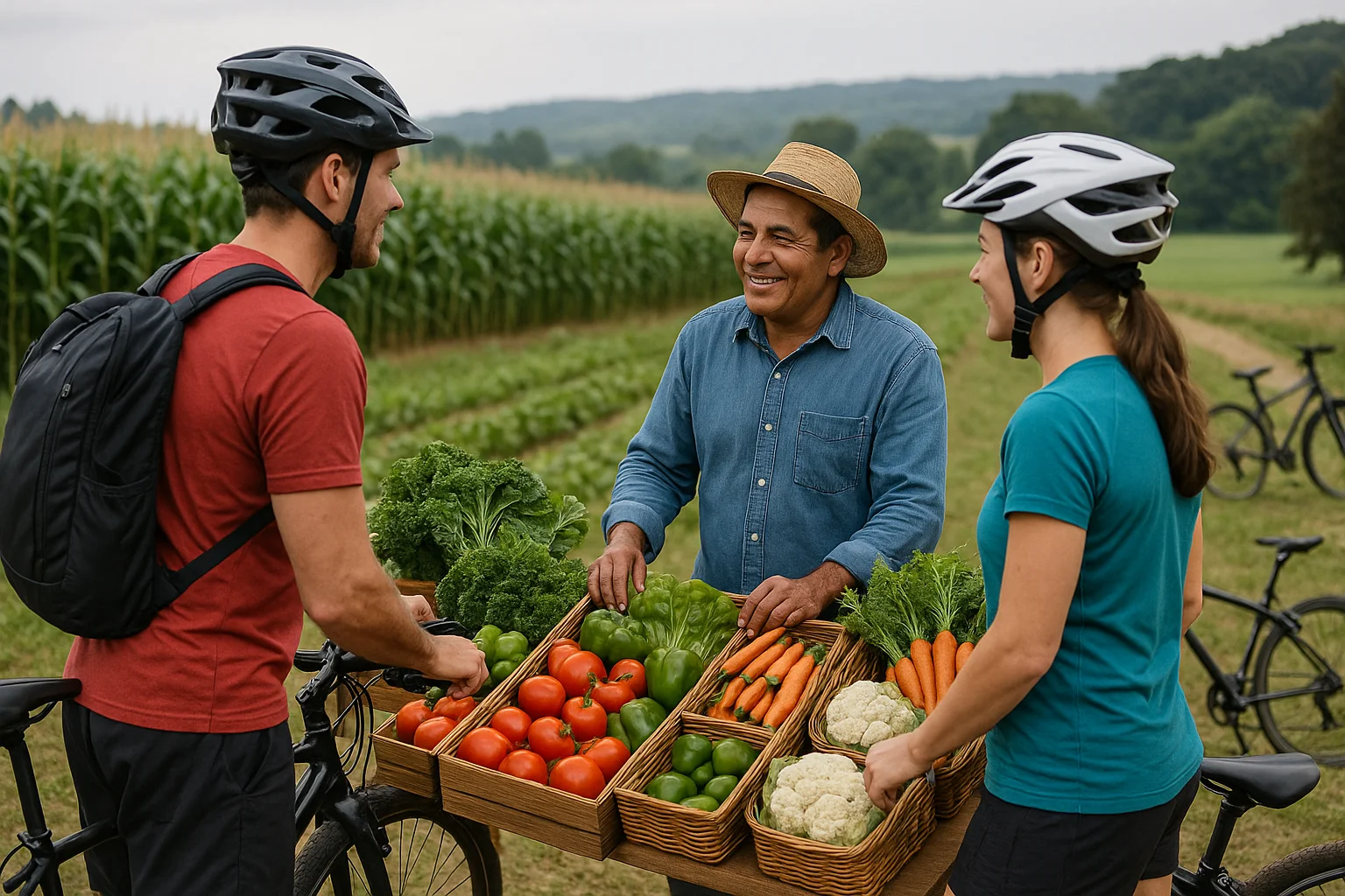 Feira de agricultura familiar com ciclistas interagindo com agricultor em área rural