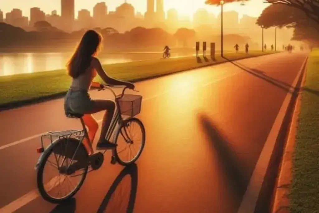 Imagem de ciclista pedalando, ilustrando os benefícios de pedalar para a saúde